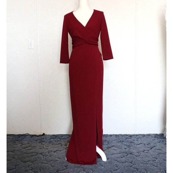 After Six 6814 Burgundy Red V-neck Crepe Sleeve Slit Front Evening Gown Small - Picture 2 of 13